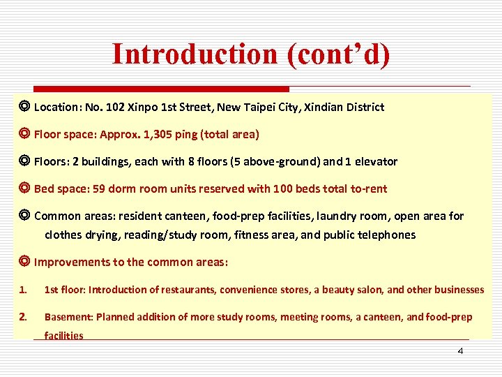 Introduction (cont’d) ◎ Location: No. 102 Xinpo 1 st Street, New Taipei City, Xindian