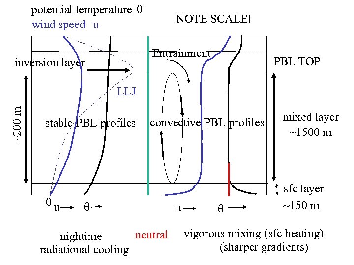 potential temperature q wind speed u NOTE SCALE! Entrainment inversion layer PBL TOP ~200