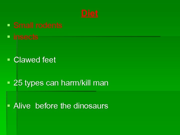 Diet § Small rodents § insects § Clawed feet § 25 types can harm/kill