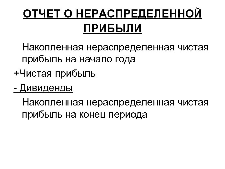 ОТЧЕТ О НЕРАСПРЕДЕЛЕННОЙ ПРИБЫЛИ Накопленная нераспределенная чистая прибыль на начало года +Чистая прибыль Дивиденды