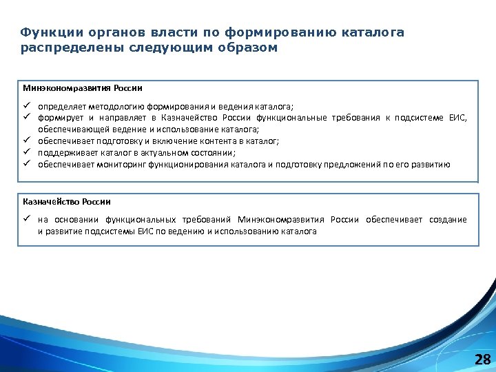 Функции органов власти по формированию каталога распределены следующим образом Минэкономразвития России ü определяет методологию