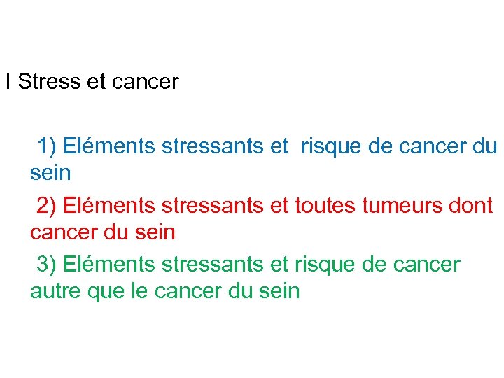 I Stress et cancer 1) Eléments stressants et risque de cancer du sein 2)