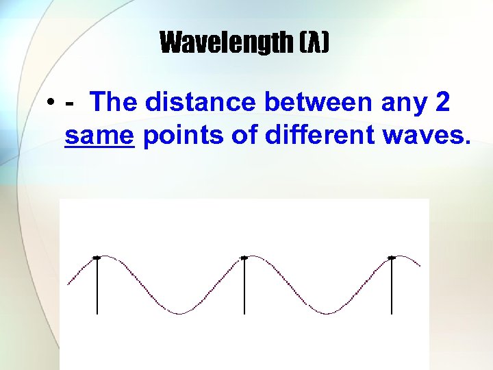 Wavelength (λ) • - The distance between any 2 same points of different waves.