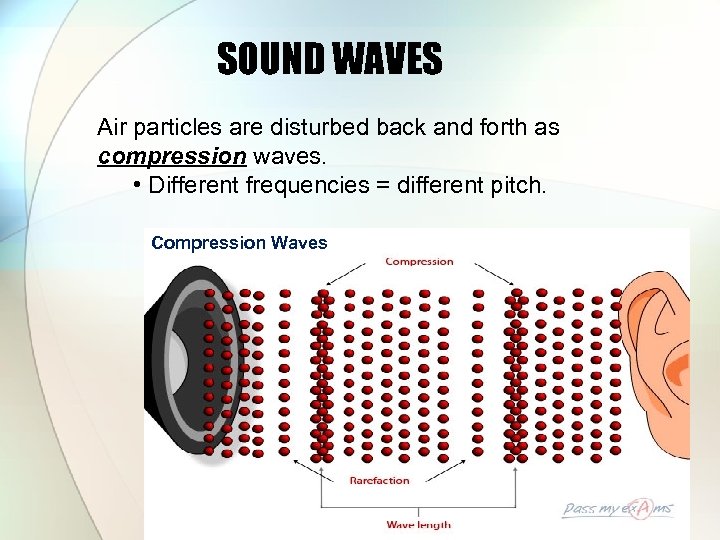 SOUND WAVES Air particles are disturbed back and forth as compression waves. • Different