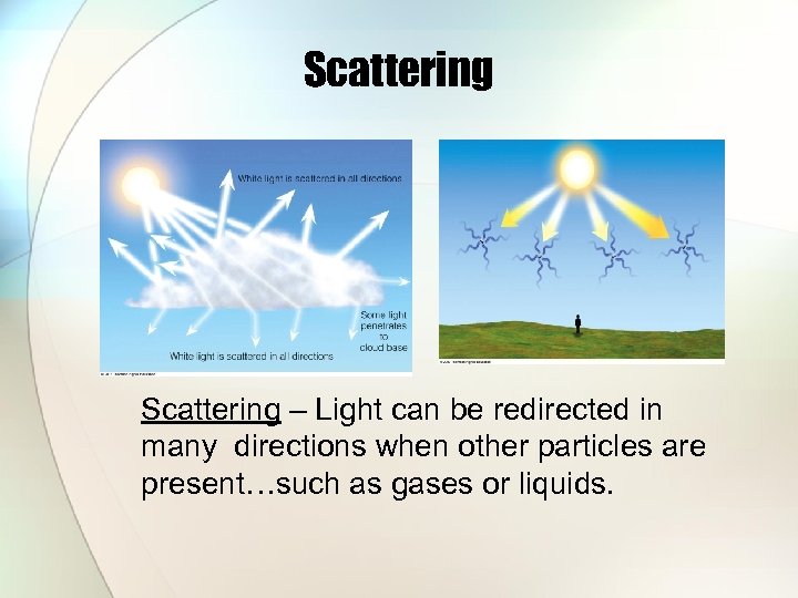 Scattering – Light can be redirected in many directions when other particles are present…such