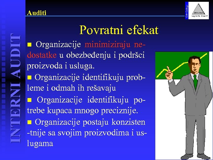INTERNI AUDIT Auditi Povratni efekat Organizacije minimiziraju nedostatke u obezbeđenju i podršci proizvoda i
