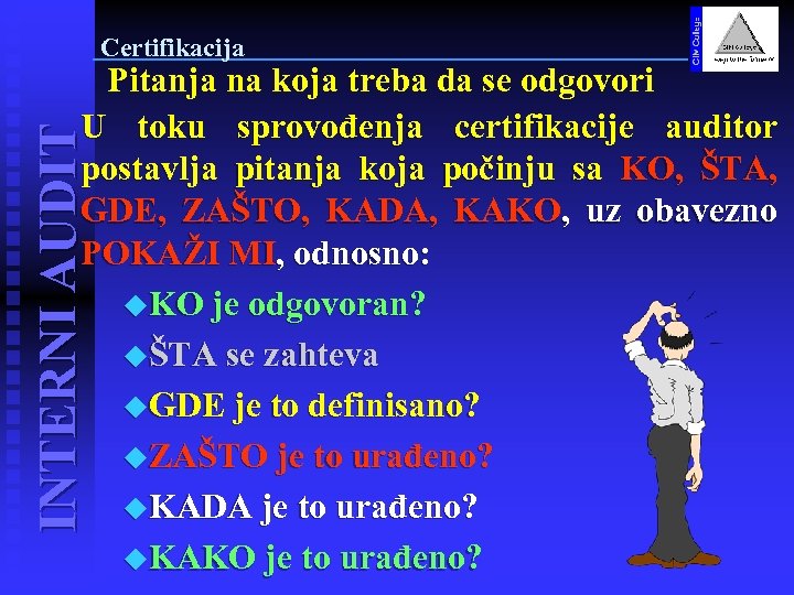 Certifikacija INTERNI AUDIT Pitanja na koja treba da se odgovori U toku sprovođenja certifikacije