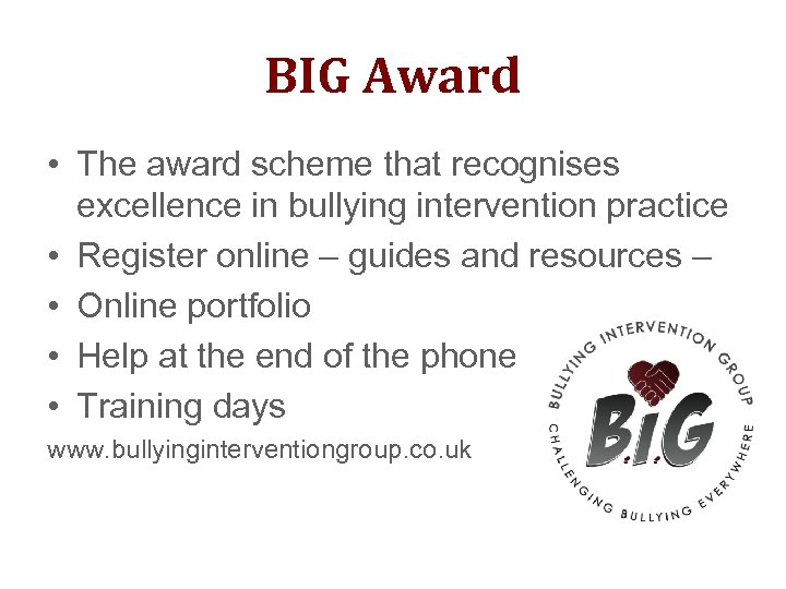 BIG Award • The award scheme that recognises excellence in bullying intervention practice •