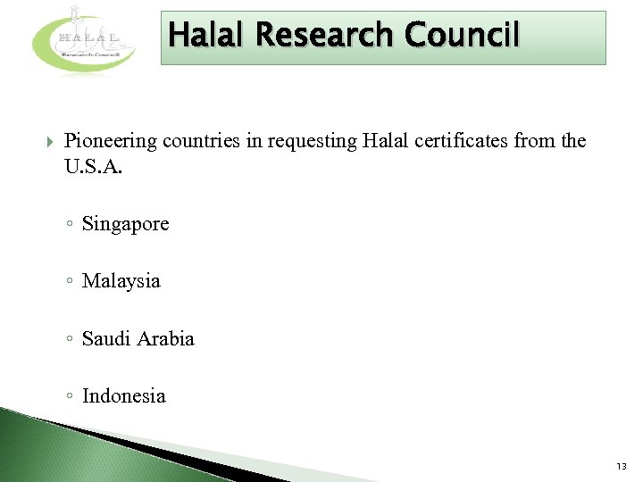 Halal Research Council Pioneering countries in requesting Halal certificates from the U. S. A.