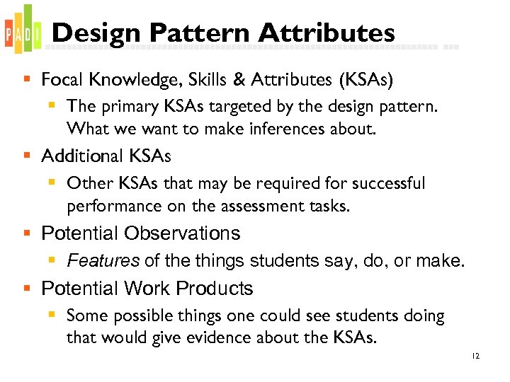 Design Pattern Attributes § Focal Knowledge, Skills & Attributes (KSAs) § The primary KSAs