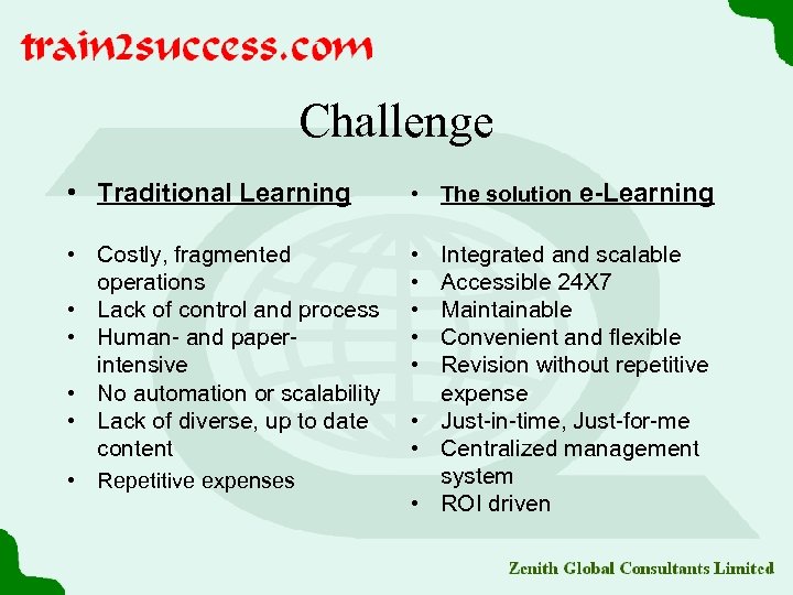 Challenge • Traditional Learning • The solution e-Learning • Costly, fragmented operations • Lack