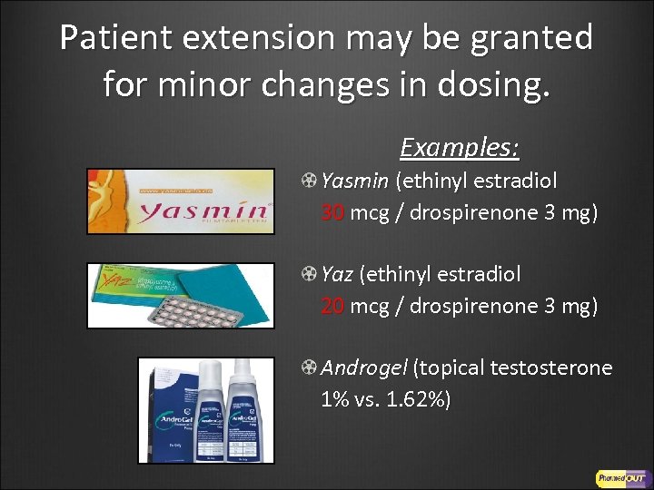 Patient extension may be granted for minor changes in dosing. Examples: Yasmin (ethinyl estradiol
