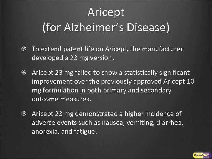 Aricept (for Alzheimer’s Disease) To extend patent life on Aricept, the manufacturer developed a