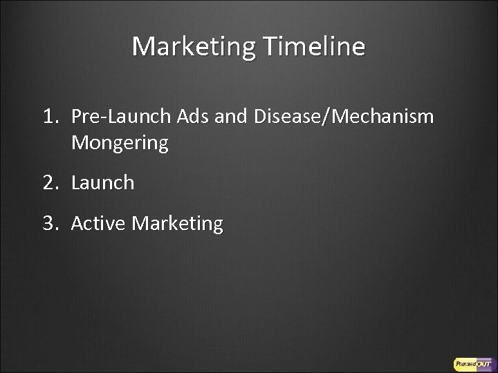 Marketing Timeline 1. Pre-Launch Ads and Disease/Mechanism Mongering 2. Launch 3. Active Marketing 