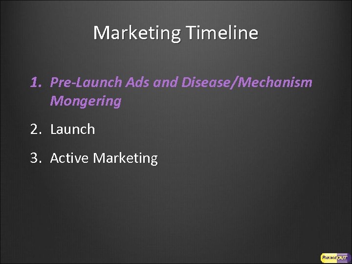 Marketing Timeline 1. Pre-Launch Ads and Disease/Mechanism Mongering 2. Launch 3. Active Marketing 