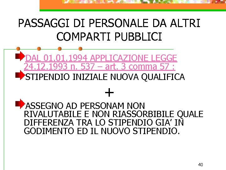 PASSAGGI DI PERSONALE DA ALTRI COMPARTI PUBBLICI DAL 01. 1994 APPLICAZIONE LEGGE 24. 12.