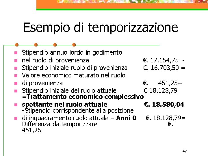 Esempio di temporizzazione n n n n Stipendio annuo lordo in godimento nel ruolo