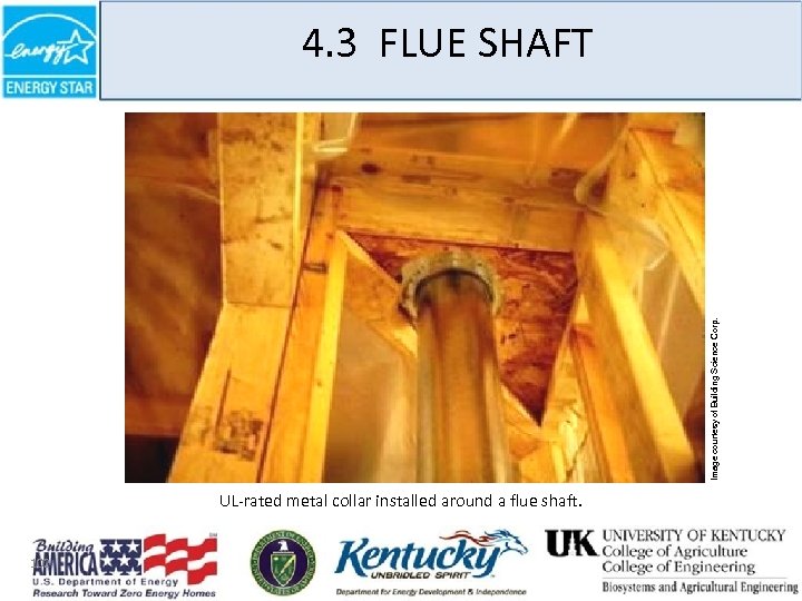 Image courtesy of Building Science Corp. 4. 3 FLUE SHAFT UL-rated metal collar installed