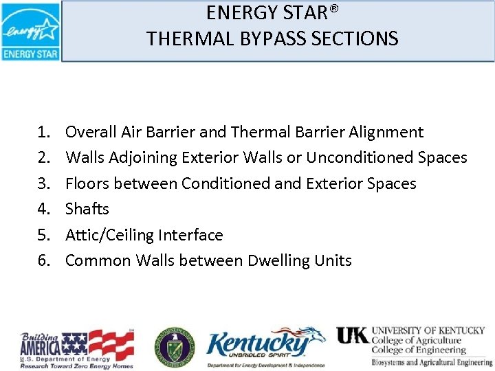 ENERGY STAR® THERMAL BYPASS SECTIONS 1. 2. 3. 4. 5. 6. 4 Overall Air