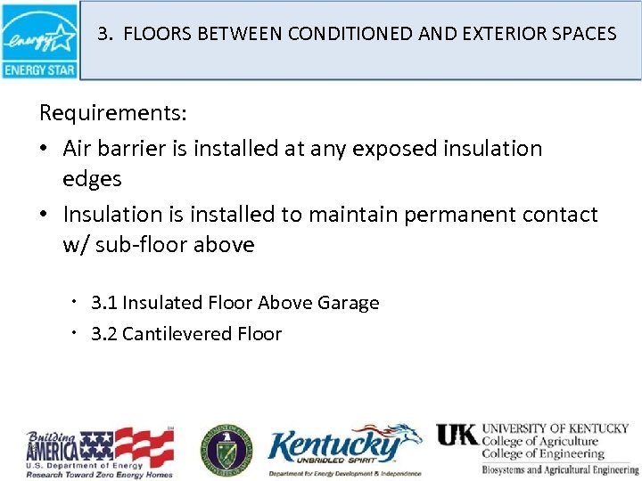 3. FLOORS BETWEEN CONDITIONED AND EXTERIOR SPACES Requirements: • Air barrier is installed at