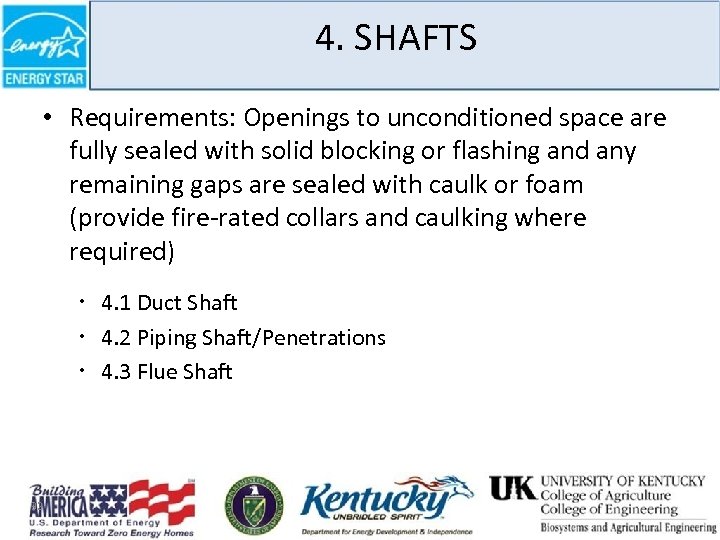 4. SHAFTS • Requirements: Openings to unconditioned space are fully sealed with solid blocking