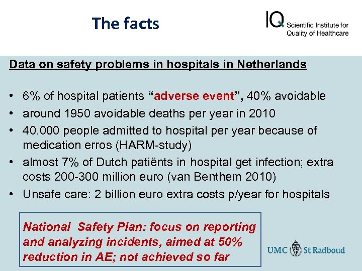 The facts Data on safety problems in hospitals in Netherlands • 6% of hospital