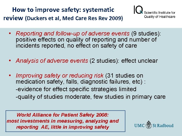 How to improve safety: systematic review (Duckers et al, Med Care Res Rev 2009)