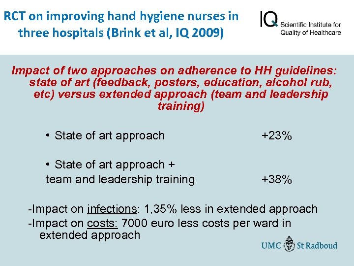 RCT on improving hand hygiene nurses in three hospitals (Brink et al, IQ 2009)