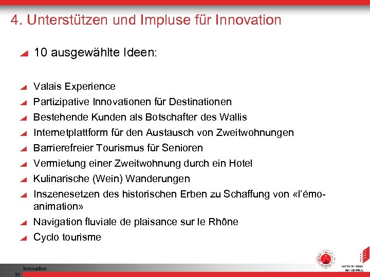 4. Unterstützen und Impluse für Innovation 10 ausgewählte Ideen: Valais Experience Partizipative Innovationen für