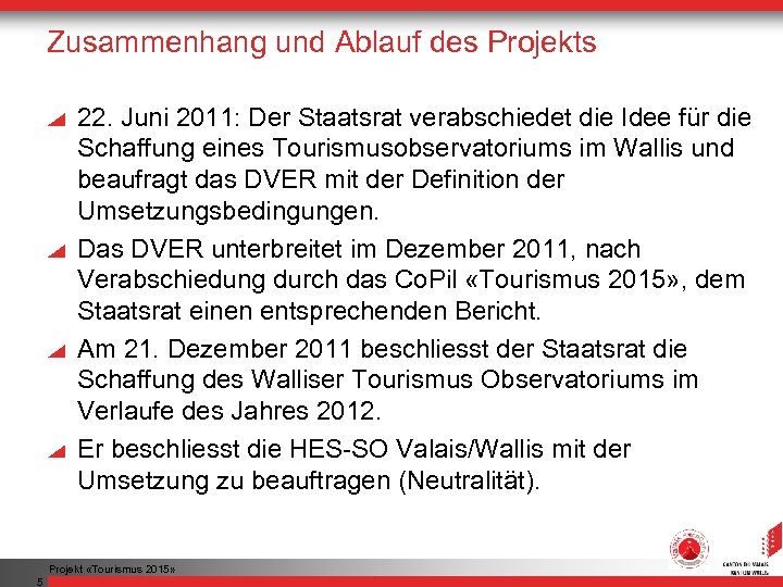 Zusammenhang und Ablauf des Projekts 22. Juni 2011: Der Staatsrat verabschiedet die Idee für