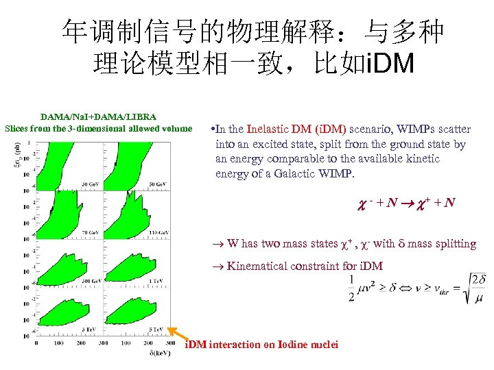 年调制信号的物理解释：与多种 理论模型相一致，比如i. DM DAMA/Na. I+DAMA/LIBRA Slices from the 3 -dimensional allowed volume • In