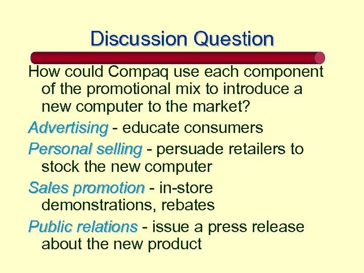 Discussion Question How could Compaq use each component of the promotional mix to introduce