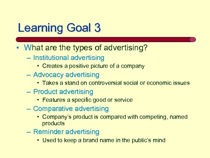 Learning Goal 3 • What are the types of advertising? – Institutional advertising •
