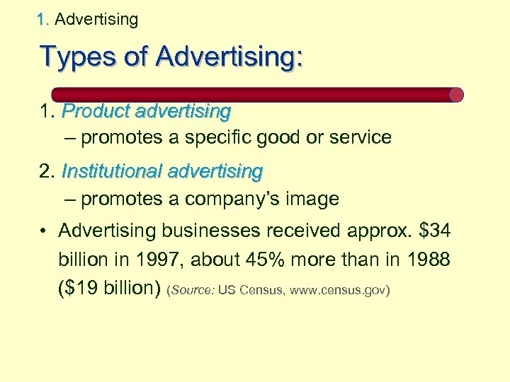 1. Advertising Types of Advertising: 1. Product advertising – promotes a specific good or