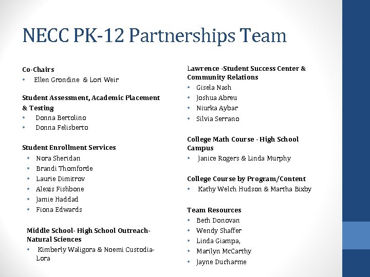 NECC PK-12 Partnerships Team Co-Chairs • Ellen Grondine & Lori Weir Student Assessment, Academic
