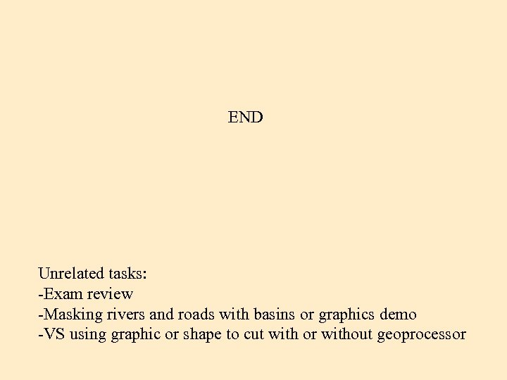 END Unrelated tasks: -Exam review -Masking rivers and roads with basins or graphics demo