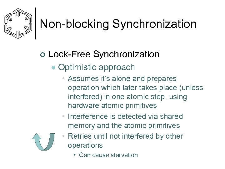 Non-blocking Synchronization ¢ Lock-Free Synchronization l Optimistic approach • Assumes it’s alone and prepares