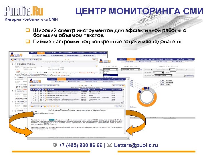 ЦЕНТР МОНИТОРИНГА СМИ Интернет-библиотека СМИ q Широкий спектр инструментов для эффективной работы с большим