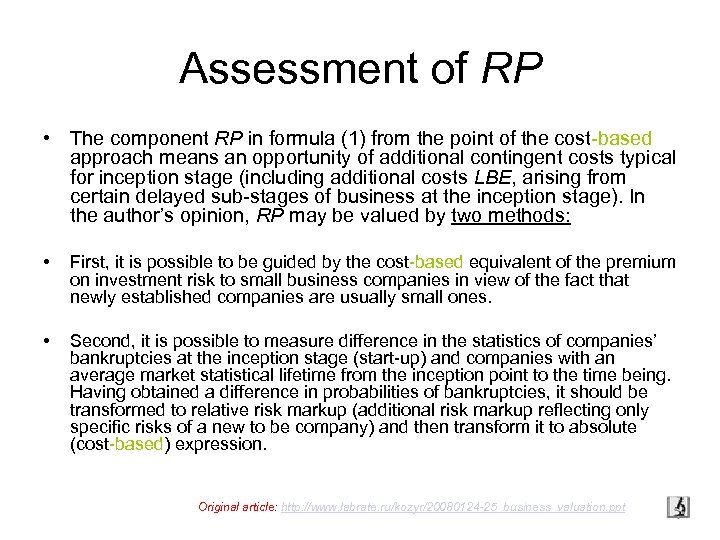 Assessment of RP • The component RP in formula (1) from the point of