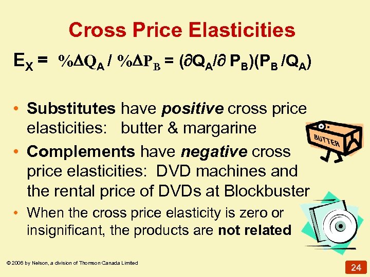 Cross Price Elasticities EX = % QA / % PB = ( QA/ PB)(PB