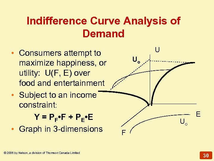 Indifference Curve Analysis of Demand • Consumers attempt to maximize happiness, or utility: U(F,