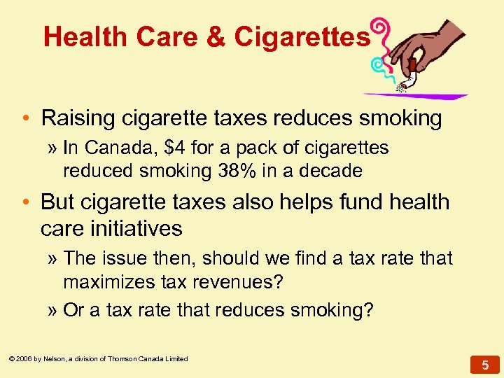 Health Care & Cigarettes • Raising cigarette taxes reduces smoking » In Canada, $4