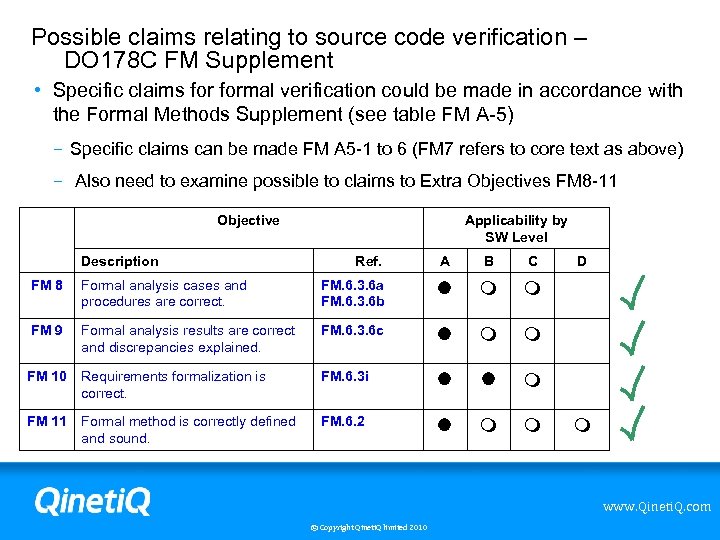 Possible claims relating to source code verification – DO 178 C FM Supplement •