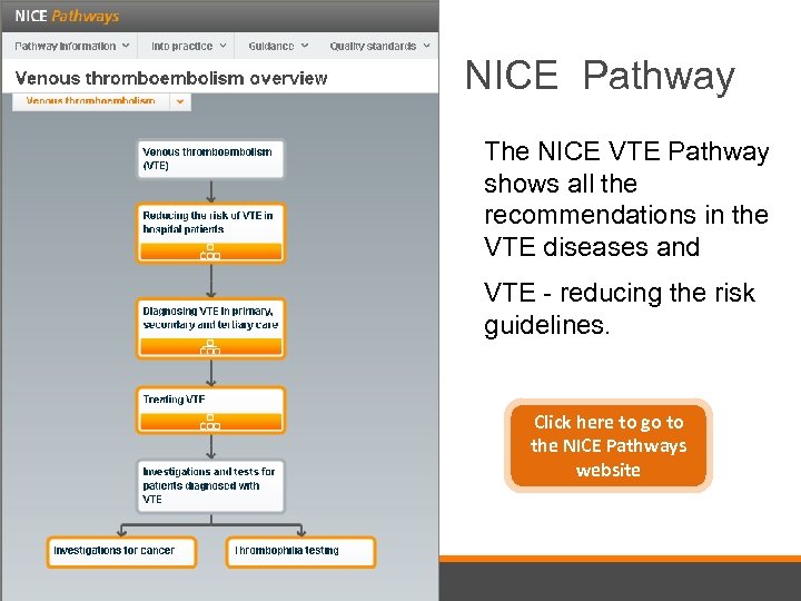 NICE Pathway The NICE VTE Pathway shows all the recommendations in the VTE diseases