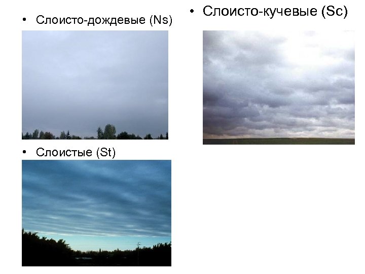  • Слоисто-дождевые (Ns) • Слоистые (St) • Слоисто-кучевые (Sc) 