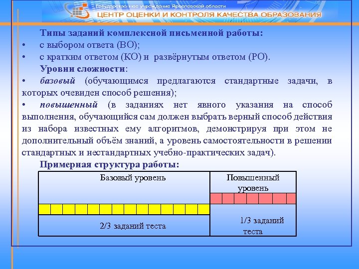 Типы заданий комплексной письменной работы: • с выбором ответа (ВО); • с кратким ответом