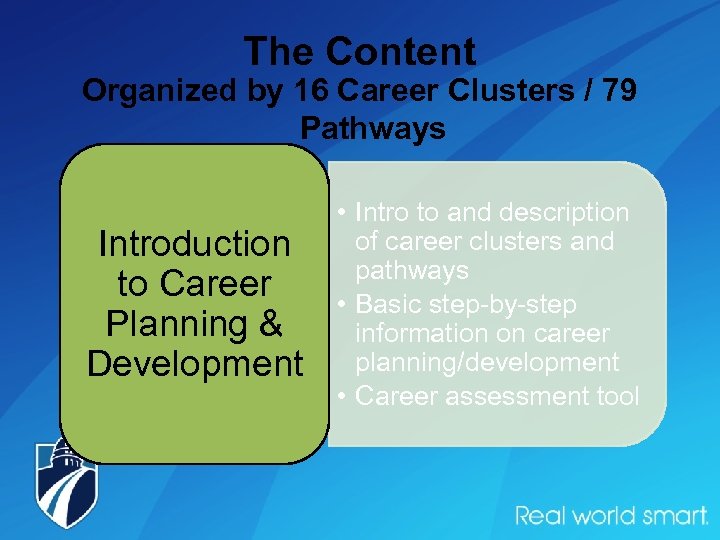 The Content Organized by 16 Career Clusters / 79 Pathways Introduction to Career Planning