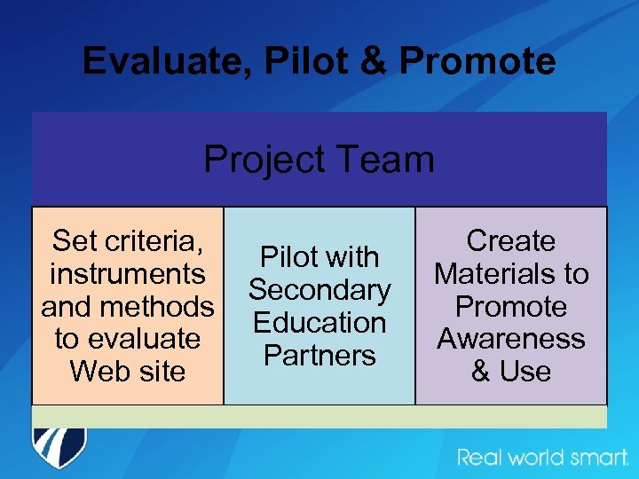 Evaluate, Pilot & Promote Project Team Set criteria, instruments and methods to evaluate Web