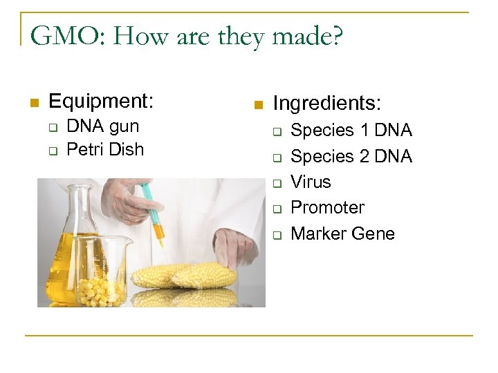 GMO: How are they made? n Equipment: q q DNA gun Petri Dish n