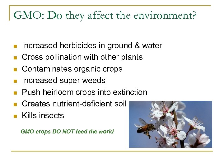 GMO: Do they affect the environment? n n n n Increased herbicides in ground